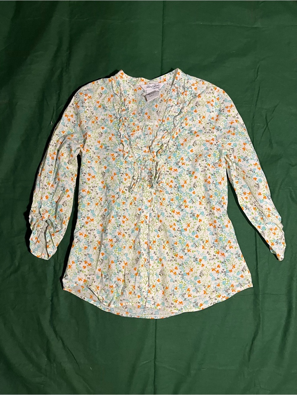 Speechless White Floral Ruffle Blouse with Orange & Teal Accents